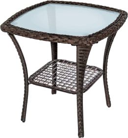 Outdoor Side Table;  Indoor Outdoor Glass Top Wicker Coffee Bistro Table;  All-Weather Patio Square Storage End Table;  Aluminum Frame;  20''x 20''x20