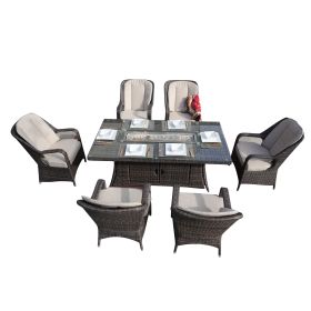 Direct Wicker 7-Piece Patio Wicker Gas Fire Pit Set Rectangular Table With Arm Chairs
